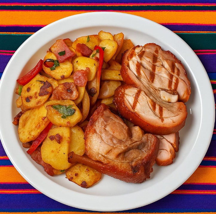 Panceta de cerdo a la leña con papas fritas